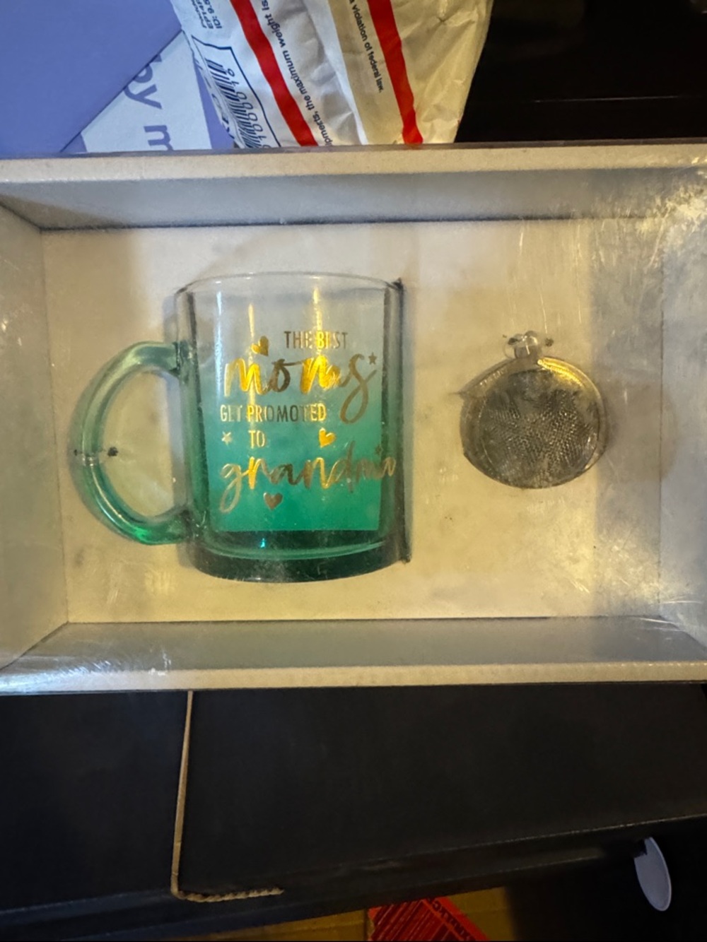 "The Best Moms Get Promoted to Grandma" Green Glass Mug with Gold Text